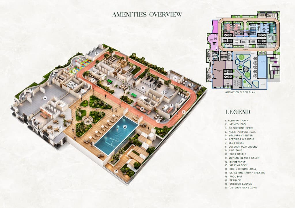 Amenity floor plan for the Hosea tower, with pool, track, and club rooms