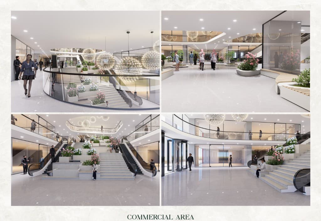 Commercial atrium inside the Hosea tower, with escalators and seating