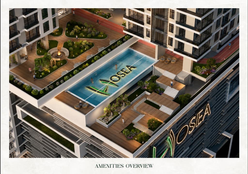 Infinity pool and running track on the Hosea amenity deck